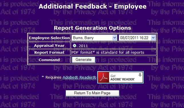 Additional Feedback Report Supervisor CAS2Net refreshes the screen to display the Additional Feedback, Report Generation Options.