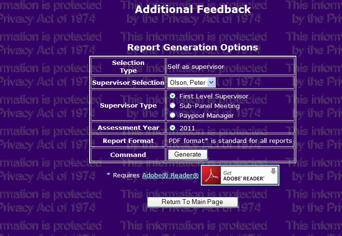 Additional Feedback Report Supervisor CAS2Net refreshes the screen to display the Additional Feedback, Report Generation Options. The Supervisor Selection dropdown is defaulted to supervisor name.