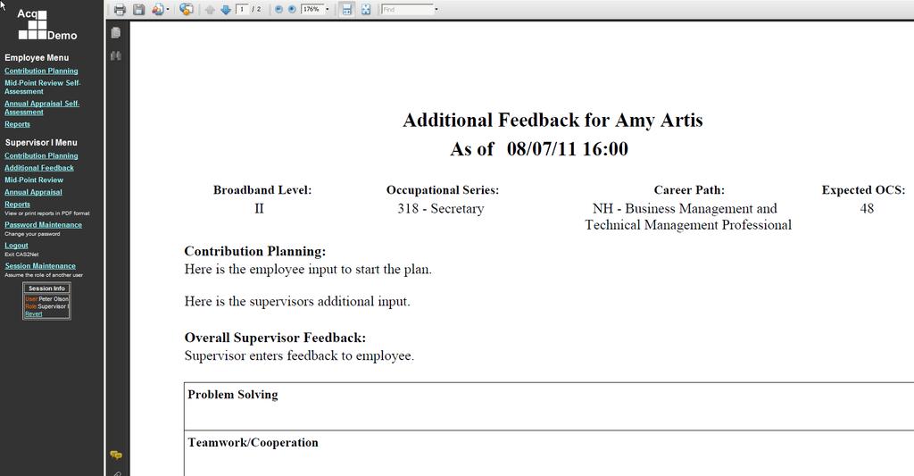 Additional Feedback Report Supervisor CAS2Net refreshes the screen to display the Additional Feedback reports for all of the employees reporting to the previously selected supervisor.