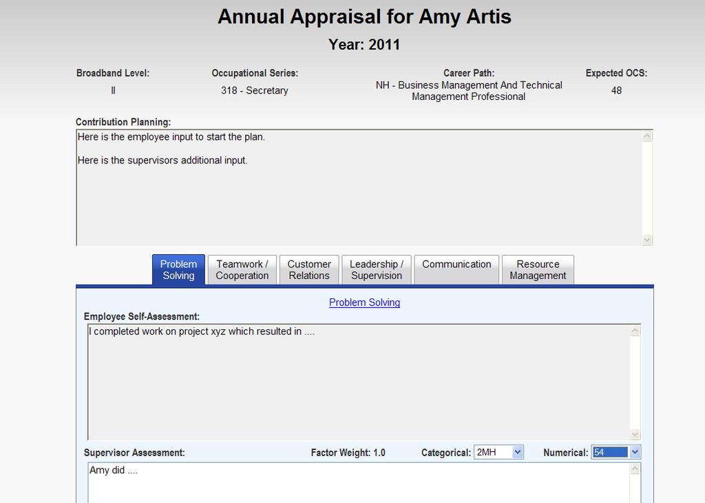 Supervisor Annual Assessment Screen Header information and Contribution Plan provided at top of screen.