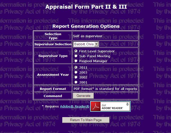 Annual Appraisal Report Supervisor CAS2Net refreshes the screen to display the Appraisal Form Part II & III, Report Generation Options.