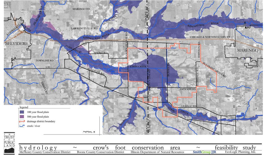 HYDROLOGICALLY CONNECTED The Coon Creek floodplain makes up approximately 35% of the study area, including the vast 2,561-acre crow s foot near the Boone-McHenry County line that is served by the