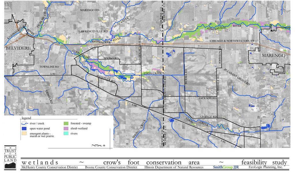 DIVERSE VEGETATIVE COMMUNITIES Riparian corridors along the Kishwaukee River, Coon Creek and their tributaries contain an array of wetlands including rivers/creeks, open water/ponds, emergent plants