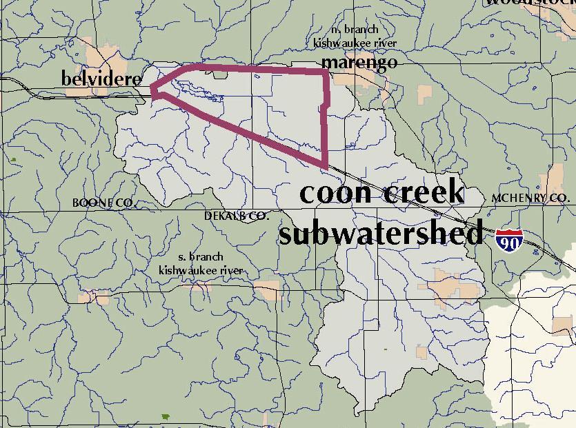 Coon Creek is part of the 1,257 square mile Kishwaukee River watershed that drains to the Rock River, then to the Mississippi River.