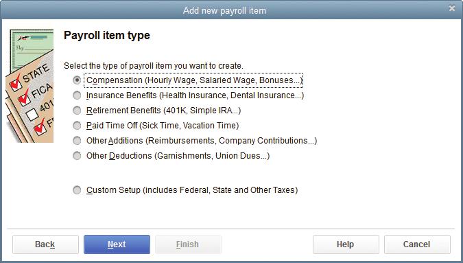 Manage payroll items When you turn on Payroll and when you use Payroll Setup, QuickBooks sets up certain default payroll items, as well as any you specify, for earnings, taxes, and benefits, but