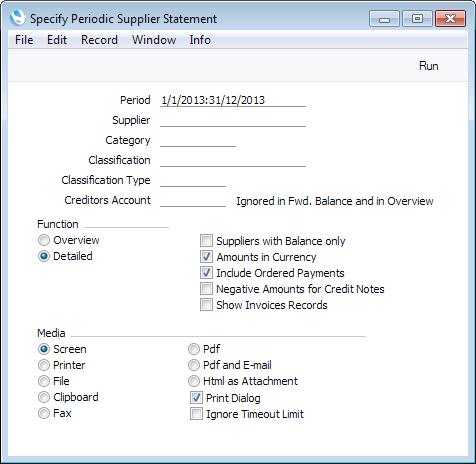 Enterprise by HansaWorld Periodic Supplier Statement The Periodic Supplier Statement prints a list of all the purchase transactions recorded for each Supplier during a specified period.