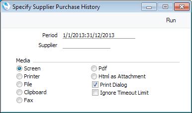 Purchase Ledger - Reports - Supplier Purchase History Supplier Purchase History The Supplier Purchase History provides monthly purchase statistics for a particular Supplier.