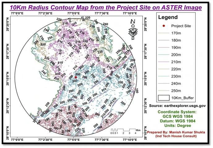 Figure-4.3: Contour Plan around the 10 km of the Project Site Project site and its surrounding area is situated on Flat terrain. Contour elevation at project site is about 00m AMSL.