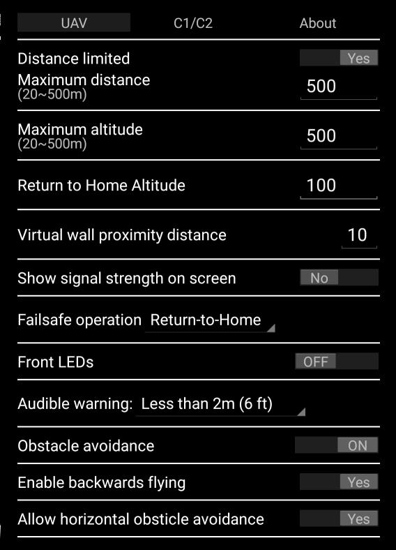 AIRCRAFT SETTINGS UAV SETTINGS Distance limited when enabled you will be able to set the maximum distance value below. When disabled the firmware uses the firmware defined max distance.