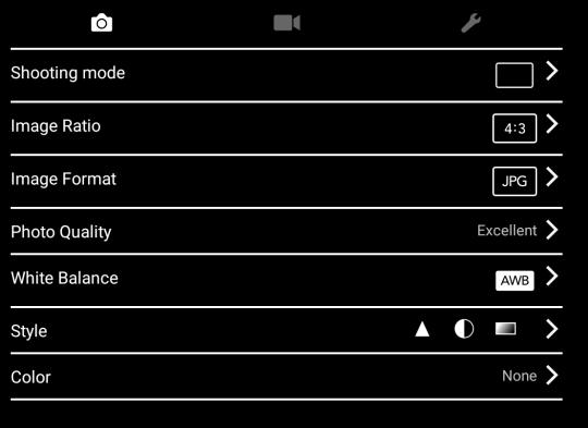 PHOTOGRAPH SETTINGS SHOOTING MODE the photo shot mode. Select between single, HDR, Burst, AEB, interval and on supported cameras time-lapse. IMAGE RATIO chose between 4:3 and 16:9 image ratios.