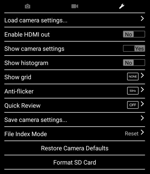 TOOLS LOAD CAMERA SETTINGS shows the list of available camera profiles that have been created and saved by the user.