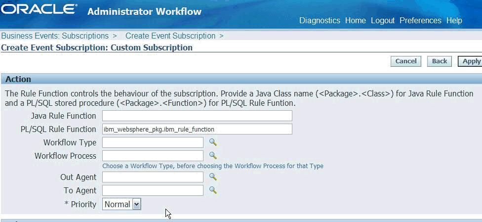 Inbound connectivity from Oracle E-Business Suite using WebSphere Adapter (4 of 4) On the next screen configure the action that needs to be performed when the subscribed event occurs.