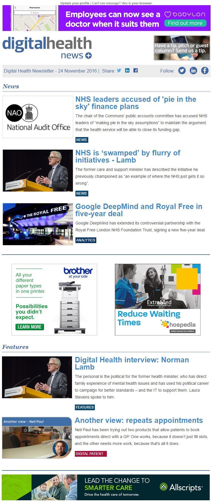 Your Message in the Newsletters Digital Health s ly newsletter is published on Thursdays focusing on key content and hot topics.