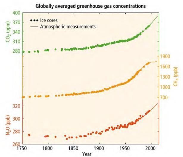 Atmospheric GHG Concentrations The atmospheric concentrations of carbon dioxide, methane, and nitrous oxide have increased to levels unprecedented in at least the last 800,000