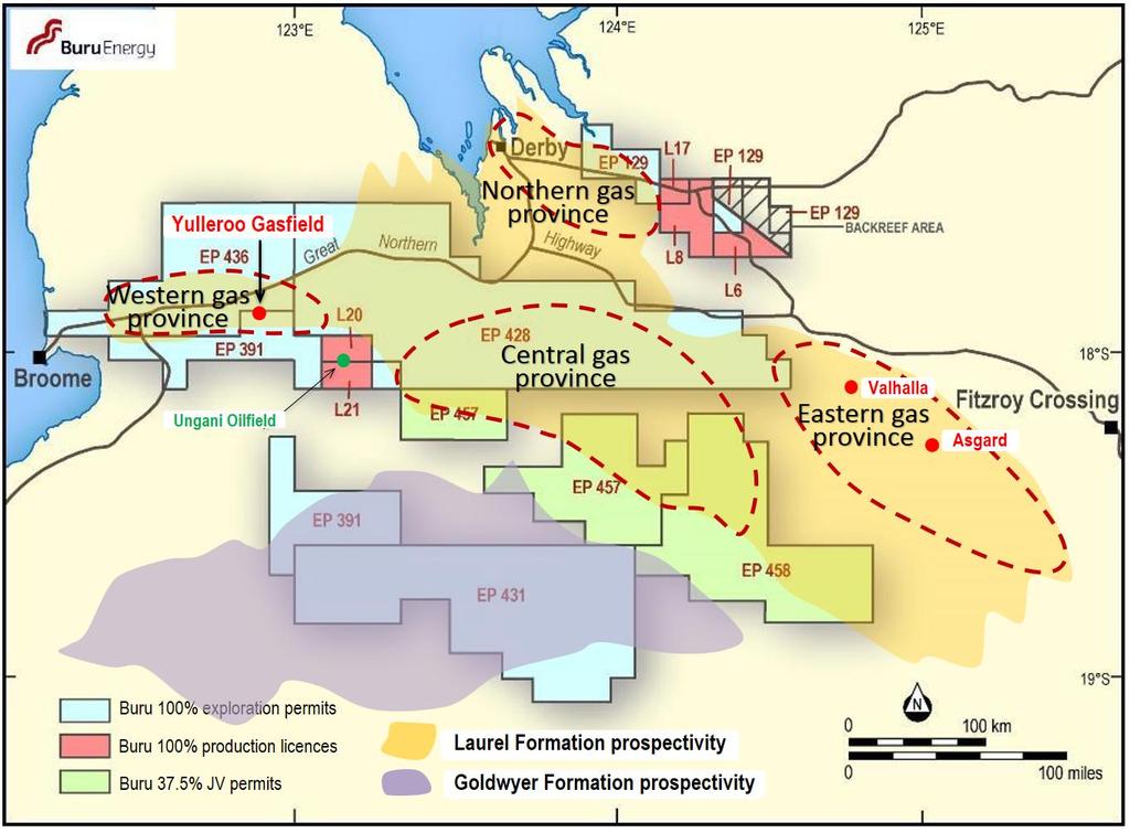 Gas and Unconventional Oil Resources Gas Resources (conventional and unconventional) Buru has 100% of the Laurel Formation tight wet gas resources in Central, Northern and Western provinces Western