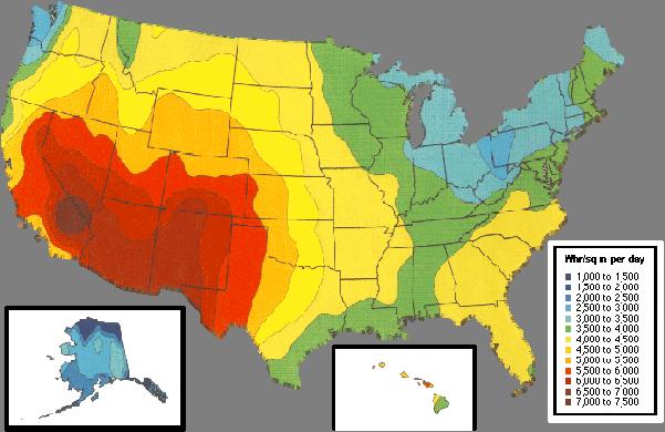 Figure 1 - United States Solar Resources by State (Watt-hr./inch 2 per day) The amount of solar radiation in a region is an important determinant of the cost of solar electric energy economics.