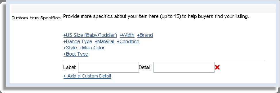 To add a custom item specific, click Add a Custom Detail and enter a label and attribute. For example, a label could be Year and the attribute could be 1960.