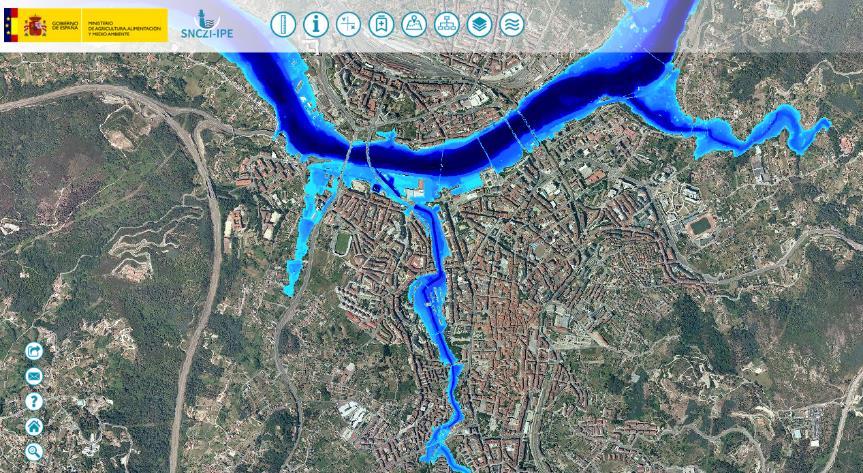 CC/ DTM like LIDAR / Models: IBER, HEC): High probability: T=10 years Medium probability: T=100 years Low probability: T=500 years For each scenario: The extent of the flood; Water depths or water