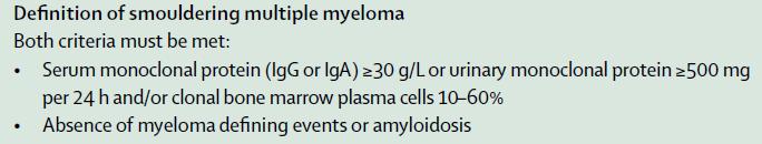 Smouldering myeloma Mayo Clinic Risk Stratification: Bone marrow plasma cells 10% PP 30g/L FLC ratio <0.