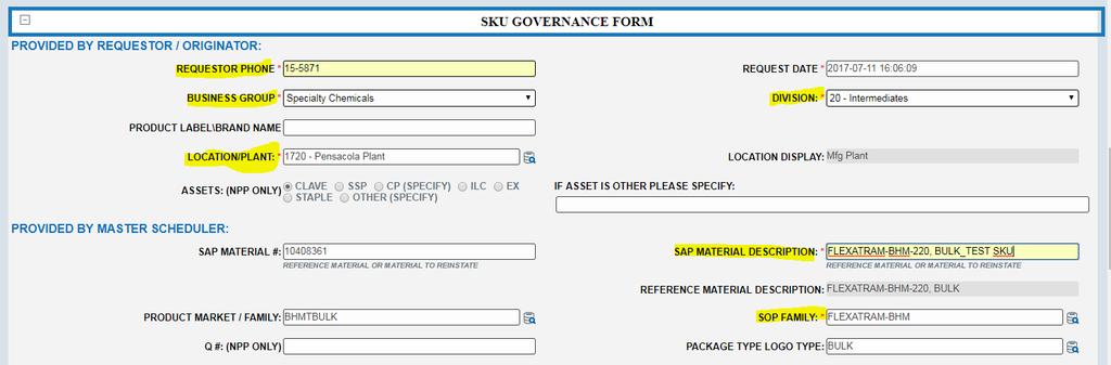 SKU Governance Form High level SKU