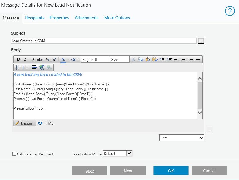 Add Message Notification Message Details Your Web Lead-to-CRM workflow is complete.