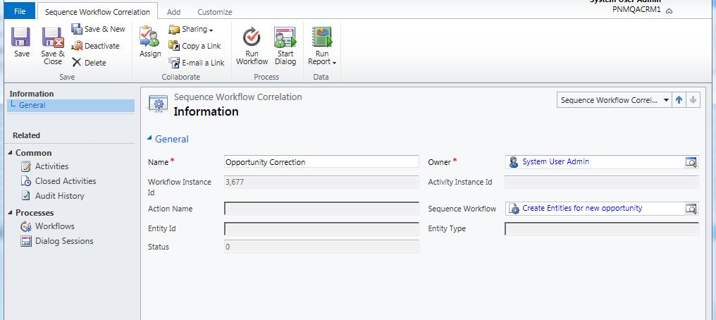 Sequence Workflow Correlation Transformation Definition Now, this function automatically creates a Sequence Workflow Correlation record in Dynamics CRM, which defines the connection between CRM