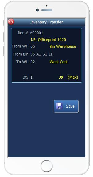 Inventory Transfer This mobile application transfers inventory from a warehouse to another warehouse. If you are using a Bin enabled warehouse the From and To Bin fields will be used.