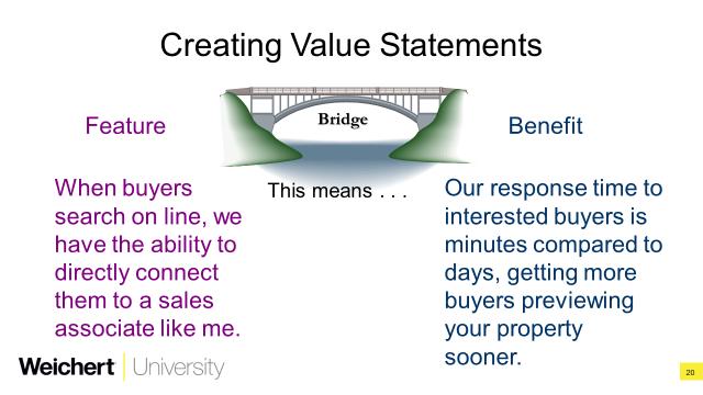 Key Sales Techniques (continued) Create Value Statements Value statements throughout your presentation emphasize how you and Weichert stand out from Brand X, and how you deliver the ultimate service