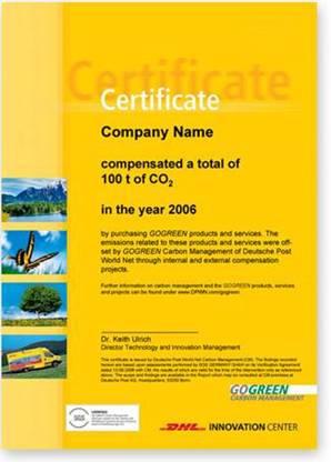 shipment level offsetting the CO 2 amount through Carbon Management, our Carbon Bank annual certificate verified by SGS A DHL patented