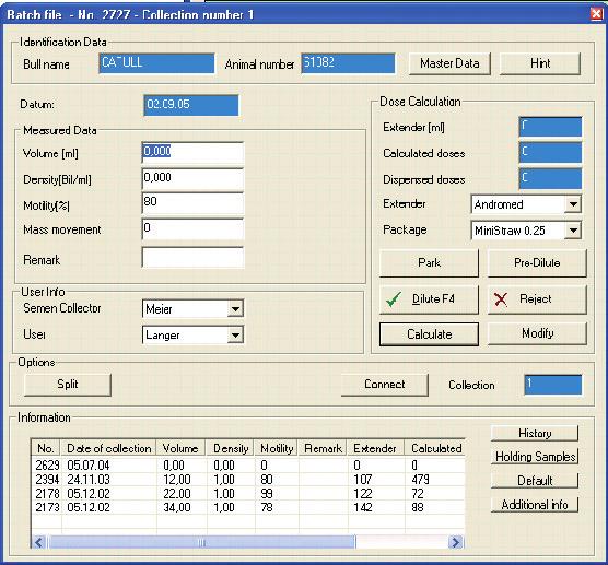 While working with the batch file, data from previous ejaculates of the same bull, records of the control samples, calculation defaults and bull data can be looked up at any time.
