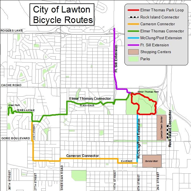 Map 14: Existing Bike Routes and Routes Awarded for Construction in 2014 Air The study area is served by the Lawton-Fort Sill Regional Airport.