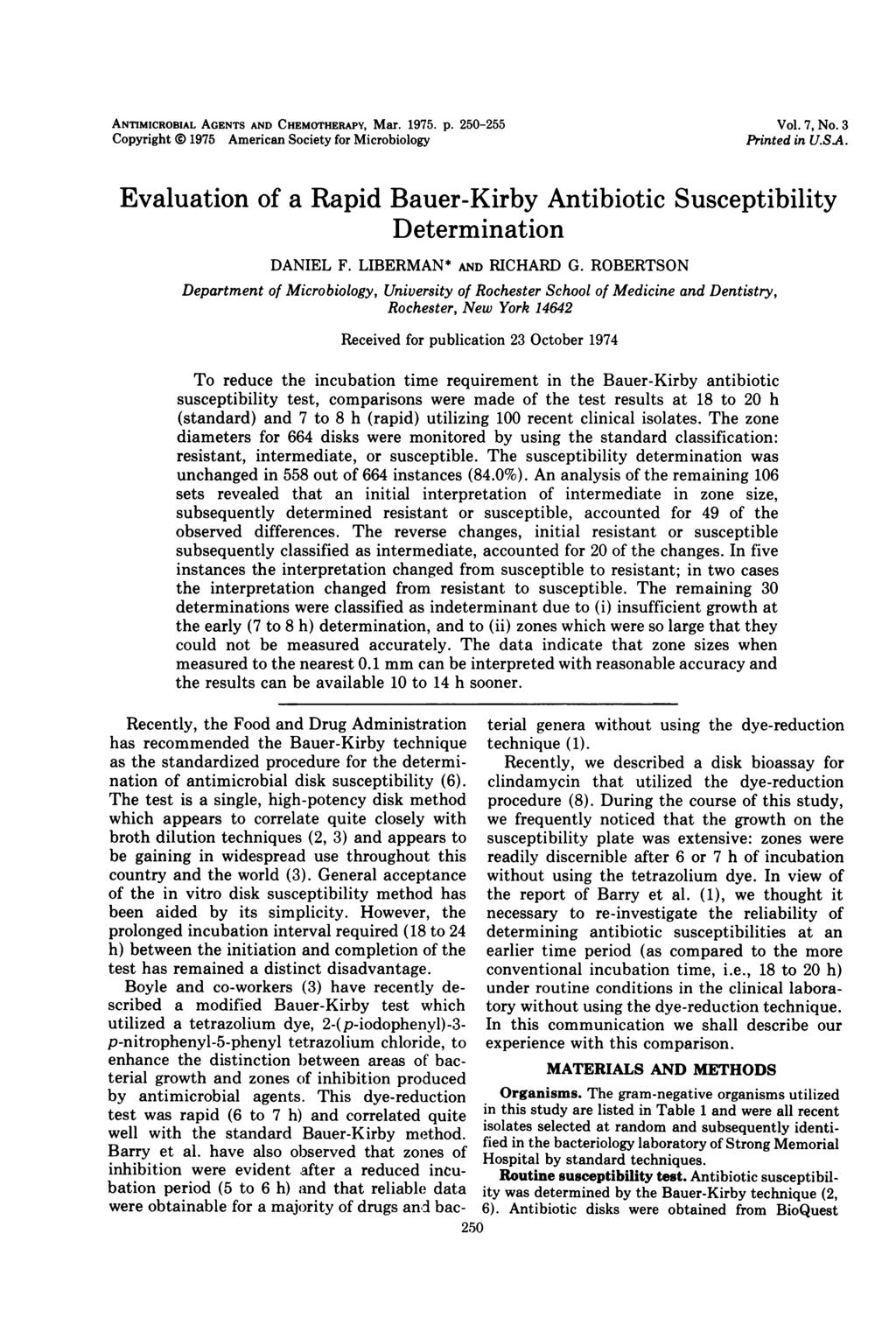 ANTIMICROBIAL AGENTS AND CHEMoTHERAPY, Mar. 1975. p. 250-255 Copyright 0 1975 American Society for Microbiology Vol. 7, No. 3 Printed in USA.