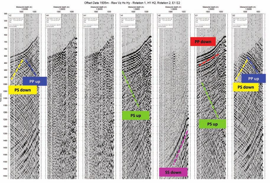 first break volume 28, June 2010 special topic Figure 10 VSP data quality from the field is excellent, with a high bandwidth and the full range of P- and S-wave modes visible.