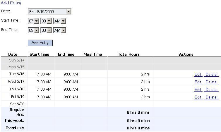 Adding entries to a timesheet and editing existing entries To add a new entry to a timesheet: 1. Select the day from the Date dropdown list. 2. Specify Start Time and End Time of your shift. 3.