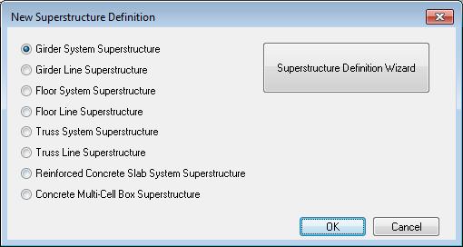 The default impact factors, standard LRFD and LFD factors will be used so we will skip to Superstructure Definition. Bridge Alternatives will be added after we enter the Superstructure Definition.