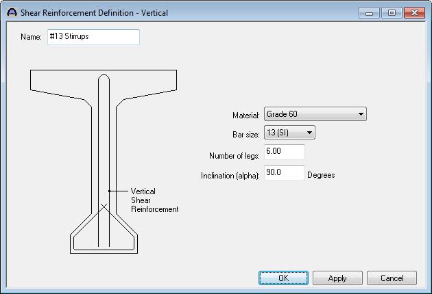 Define the vertical shear reinforcement by double clicking on Vertical (under Shear Reinforcement Definitions in the tree). Define the reinforcement as shown.