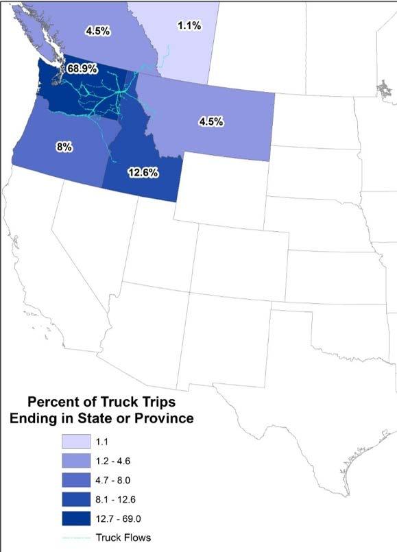 Nearly 70 percent of the trucks leaving the yard travel to a destination within the state of Washington.