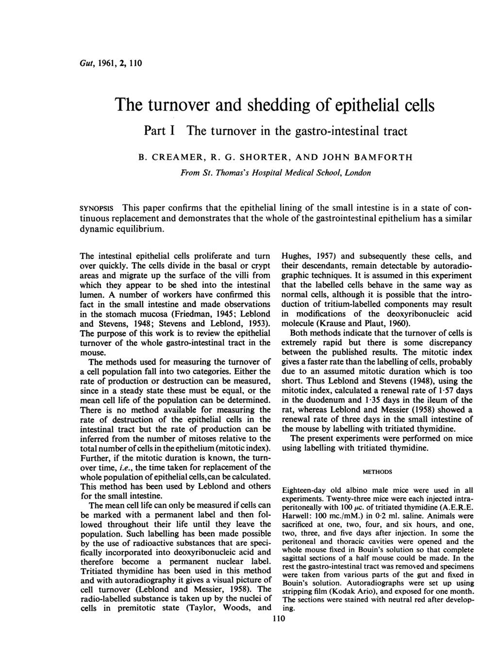 Gut, 1961, 2, 110 The turnover and shedding of epithelial cells Part I The turnover in the gastro-intestinal tract B. CREAMER, R. G. SHORTER, AND JOHN BAMFORTH From St.