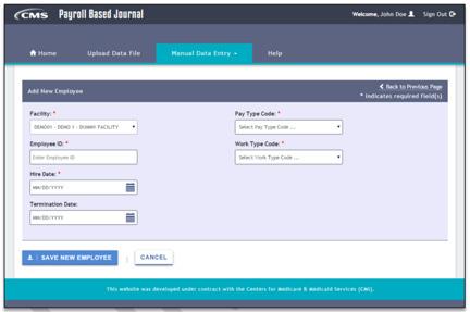 Sample PBJ entry screen for employee information Which Types of Data Will CMS Require?