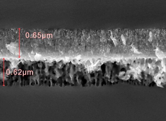 Cross section of textured epitaxial film, porous Si and silicon substrate ~3-4 mm Textured surface