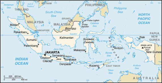 GEOGRAPHY The Republic of Indonesia is located in Southeast Asia between 6 o 08' north and 11 15' south latitude, and from 94 45' to 141 05' east longitude, and placed on an archipelago of about