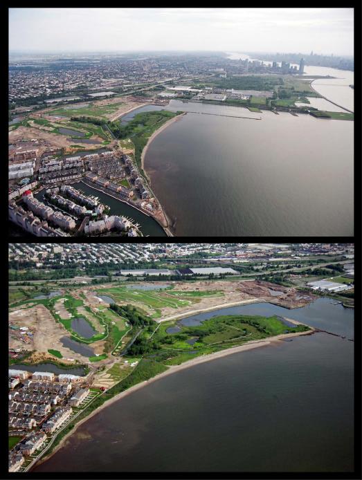 Figure 4-2. An existing shoreline and shallows site (Caven Point Beach, Jersey City) in the intensively shore developed Upper Harbor near Port Liberte (part of Liberty State Park).