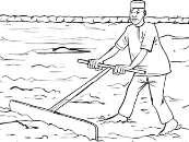: The second person is using hoe for levelling : The third person is using flat wooden