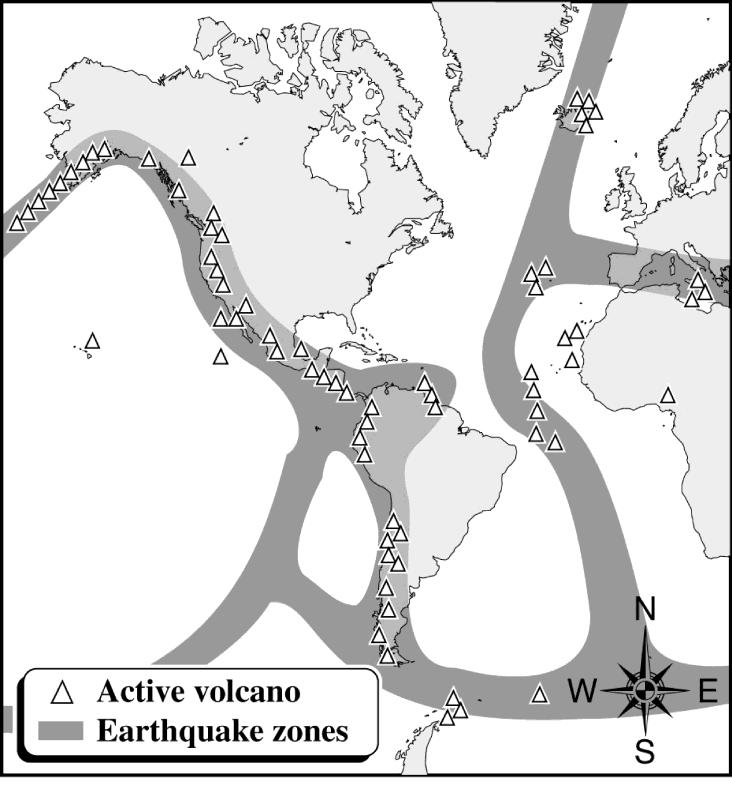 Depth of Knowledge: 3 Correct Answer: A Which conclusion can be drawn from this map? A Volcanoes and earthquakes are related.