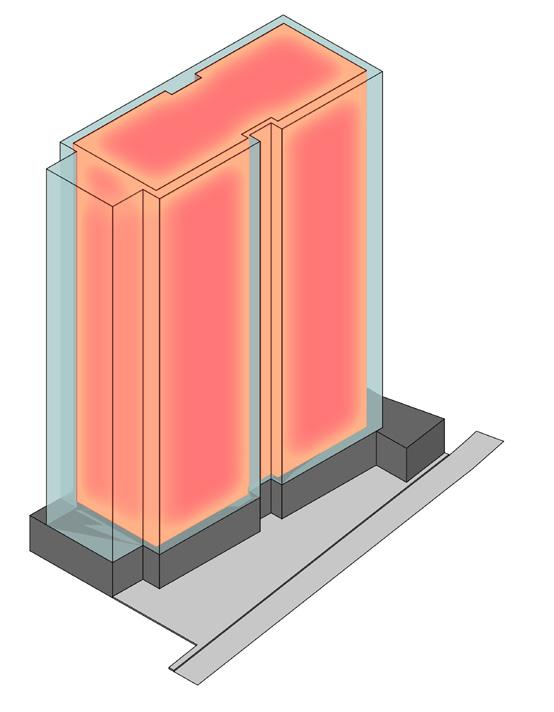 This enables the building to only climatize the areas fully where it is used the most and therefore decrease the heated volume dramatically by keeping the used area the same.
