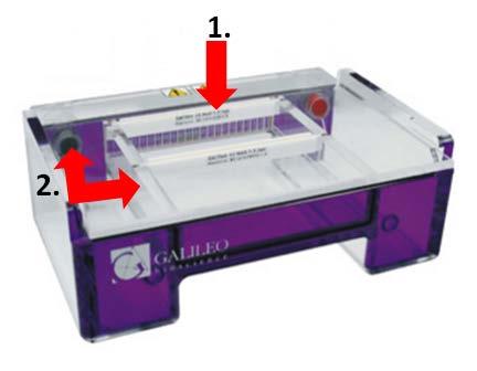 f. Place the gasketed gel tray into the gel tray platform of the buffer chamber so that the gasketed ends are pressing against the walls of the buffer chamber.