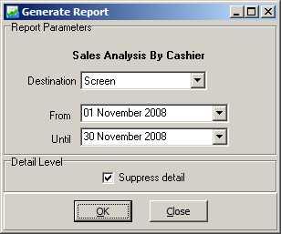 112 Aura BackOffice 6.0.0 Reports 1.7.2.3 Analysis The Sales Analysis by Cashier report shows a break down of any employees who have processed at least one order through Aura Invoicing.