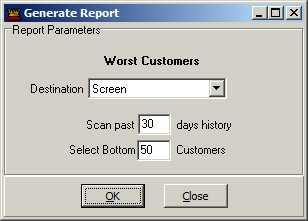 Reports 1.8.2 127 Worst Customers The Worst Customers report will display your desired number of 'lowest spenders' in your store over a certain number of day's history.