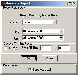 140 1.9.2 Aura BackOffice 6.0.0 Reports GP By Menu Item The GP by Menu Item report is the same as the standard Gross Profit report, but this variation has the information grouped by menu item as opposed to menu category.