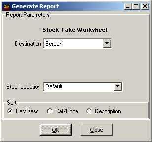 Reports 1.4.2 73 Stock Take Worksheet The Stock Take Worksheet prints out a list of all active stock items in a format to use for doing a stock take, as seen further below.